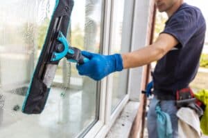 Male professional cleaning windows